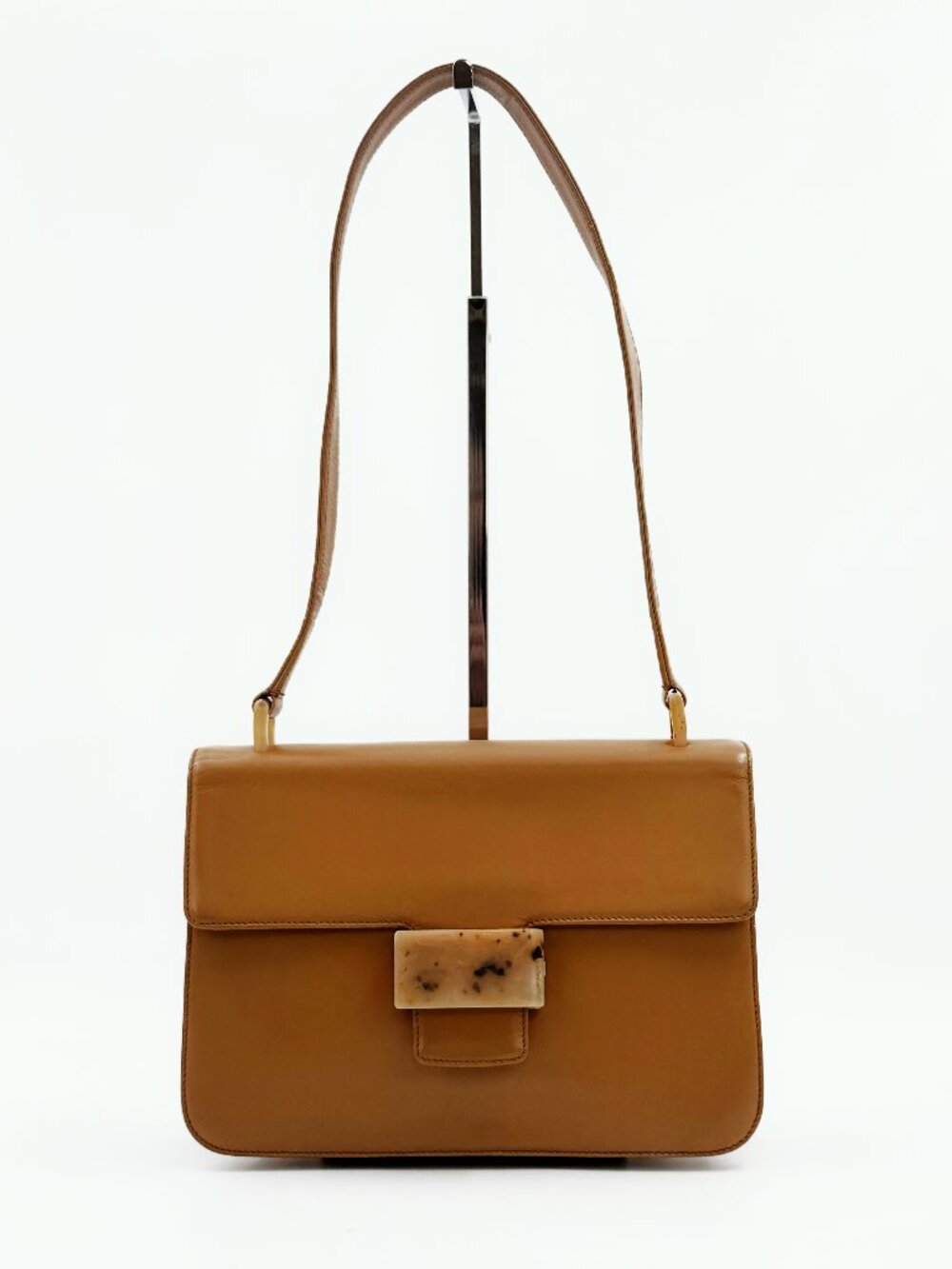 Vintage Prada Brown Leather Shoulder Bag Stone Clasp Flap Purse